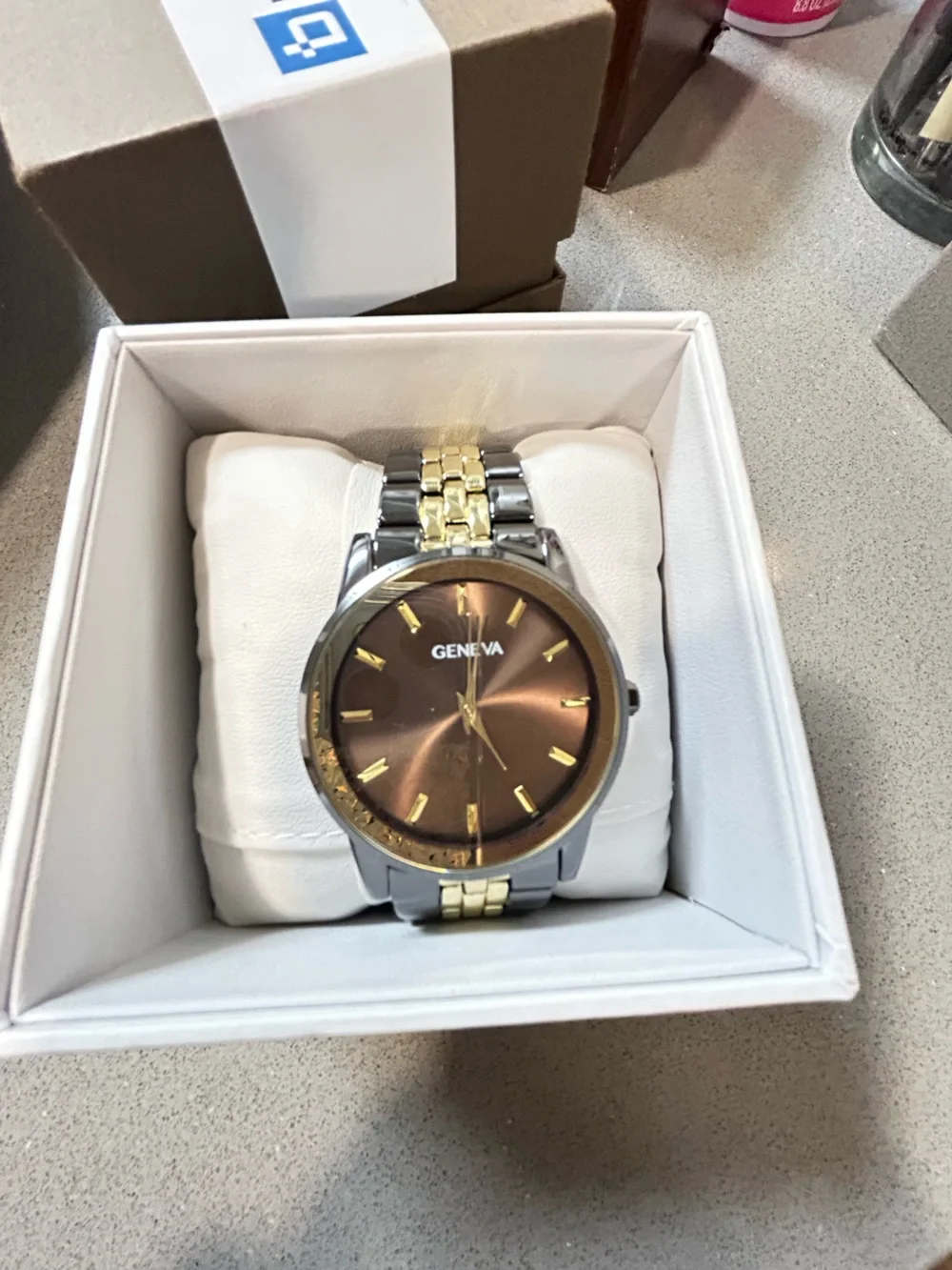 Geneva Men’s Two-Tone Silver and Gold Bracelet Brown Dial Watch